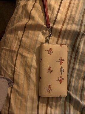Coach Flamingo Print Wristlet Wallet in Cream with Pink Strap